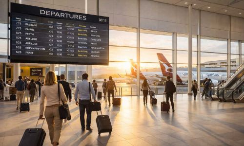 Turismo in Australia 6 Terminal domestico aeroporto australiano con tabellone partenze voli interni Brisbane Cairns Perth e passeggeri con bagaglio a mano