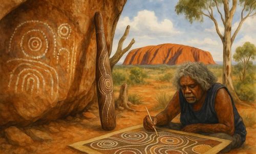 onna aborigena anziana dipinge arte tradizionale su tela seduta nel deserto australiano, con Uluru sullo sfondo e simboli ancestrali su una roccia.