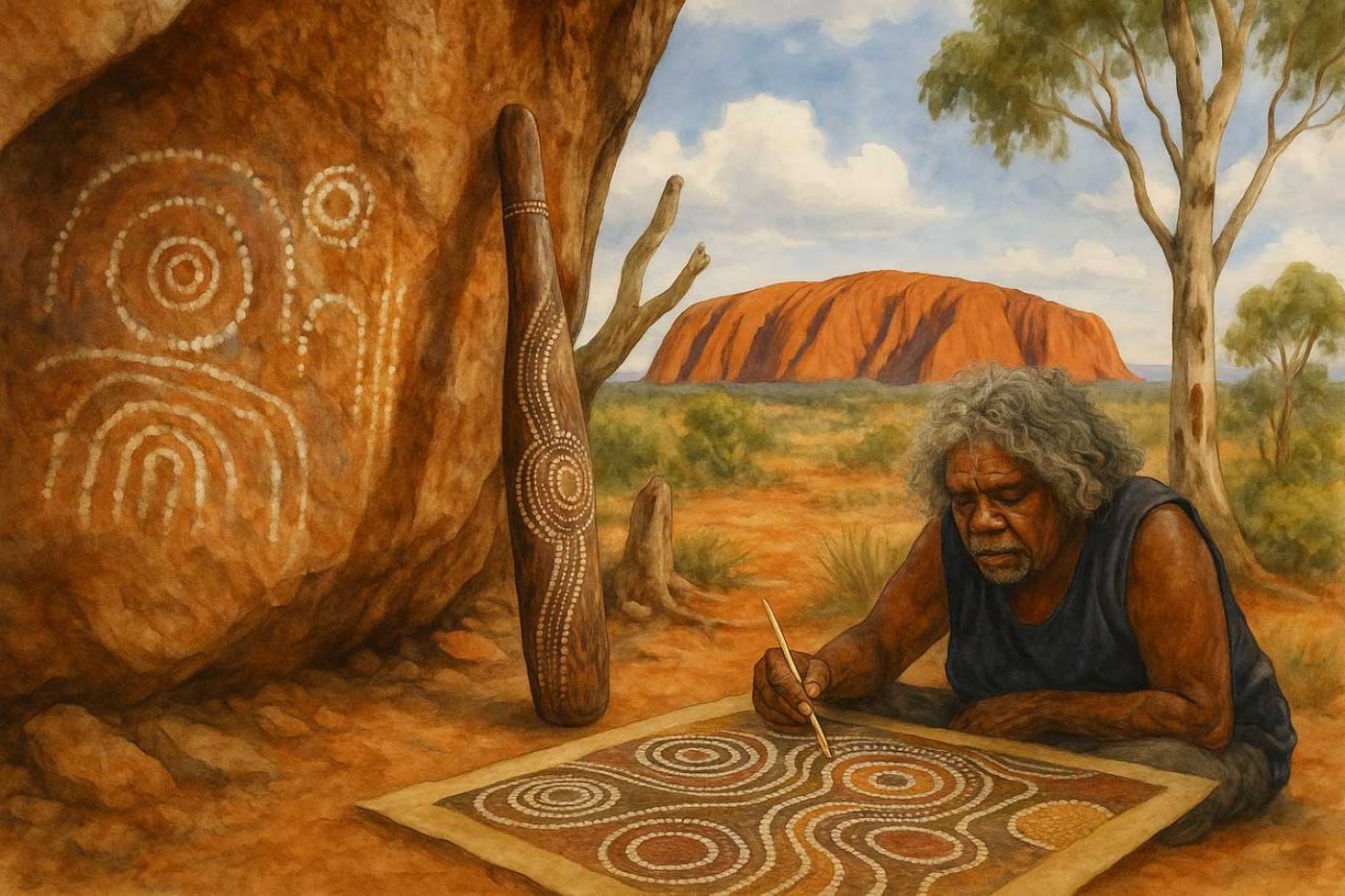 onna aborigena anziana dipinge arte tradizionale su tela seduta nel deserto australiano, con Uluru sullo sfondo e simboli ancestrali su una roccia.