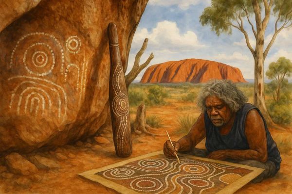 Turismo in Australia 3 onna aborigena anziana dipinge arte tradizionale su tela seduta nel deserto australiano, con Uluru sullo sfondo e simboli ancestrali su una roccia.