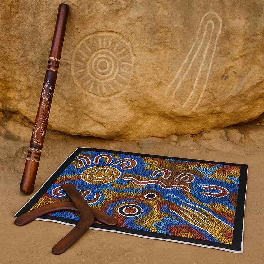 Didgeridoo, boomerang e pittura aborigena su sabbia davanti a un muro di roccia con incisioni ancestrali nel deserto australiano.