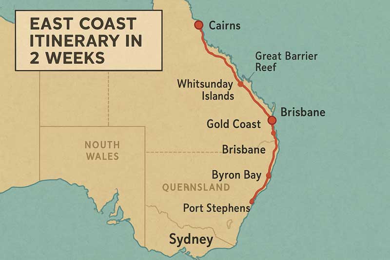 Mappa generale dell’itinerario East Coast in 2 settimane Mappa generale dell’itinerario East Coast in 2 settimane