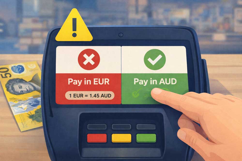 Terminale POS con scelta EUR (simbolo X rosso) e AUD (spunta verde), triangolo attenzione giallo e banconota australiana 50 dollari