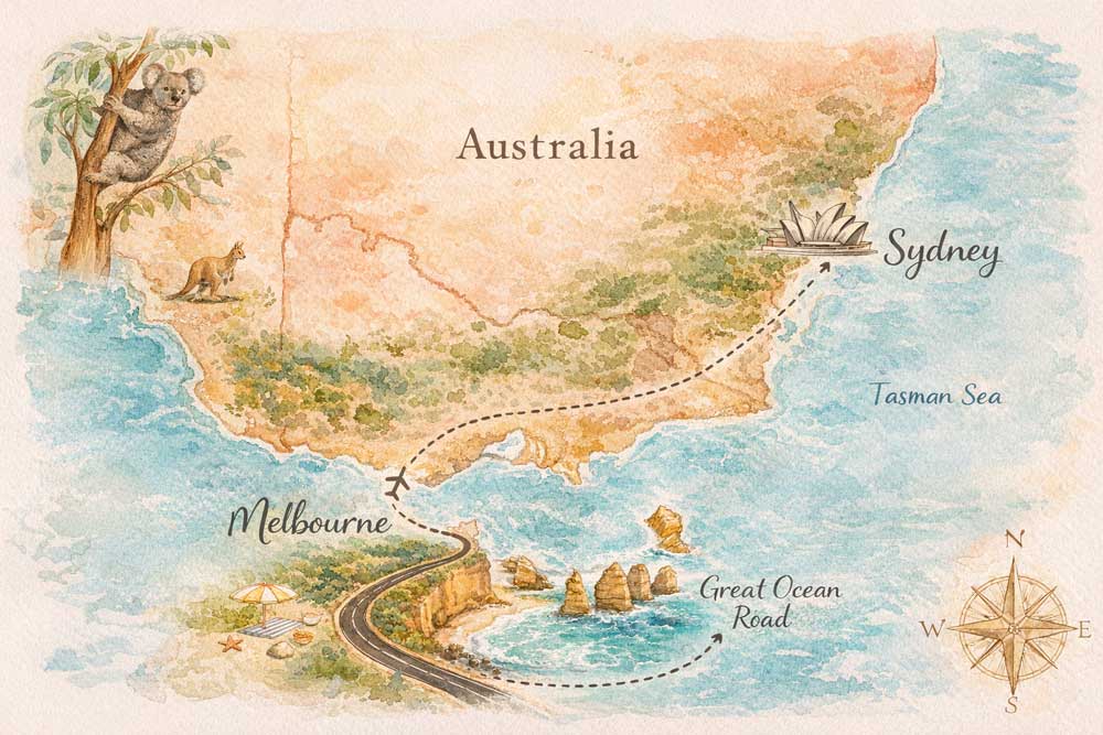 Mappa illustrata acquerello itinerario 14 giorni Australia sud-est da Sydney a Melbourne via Great Ocean Road