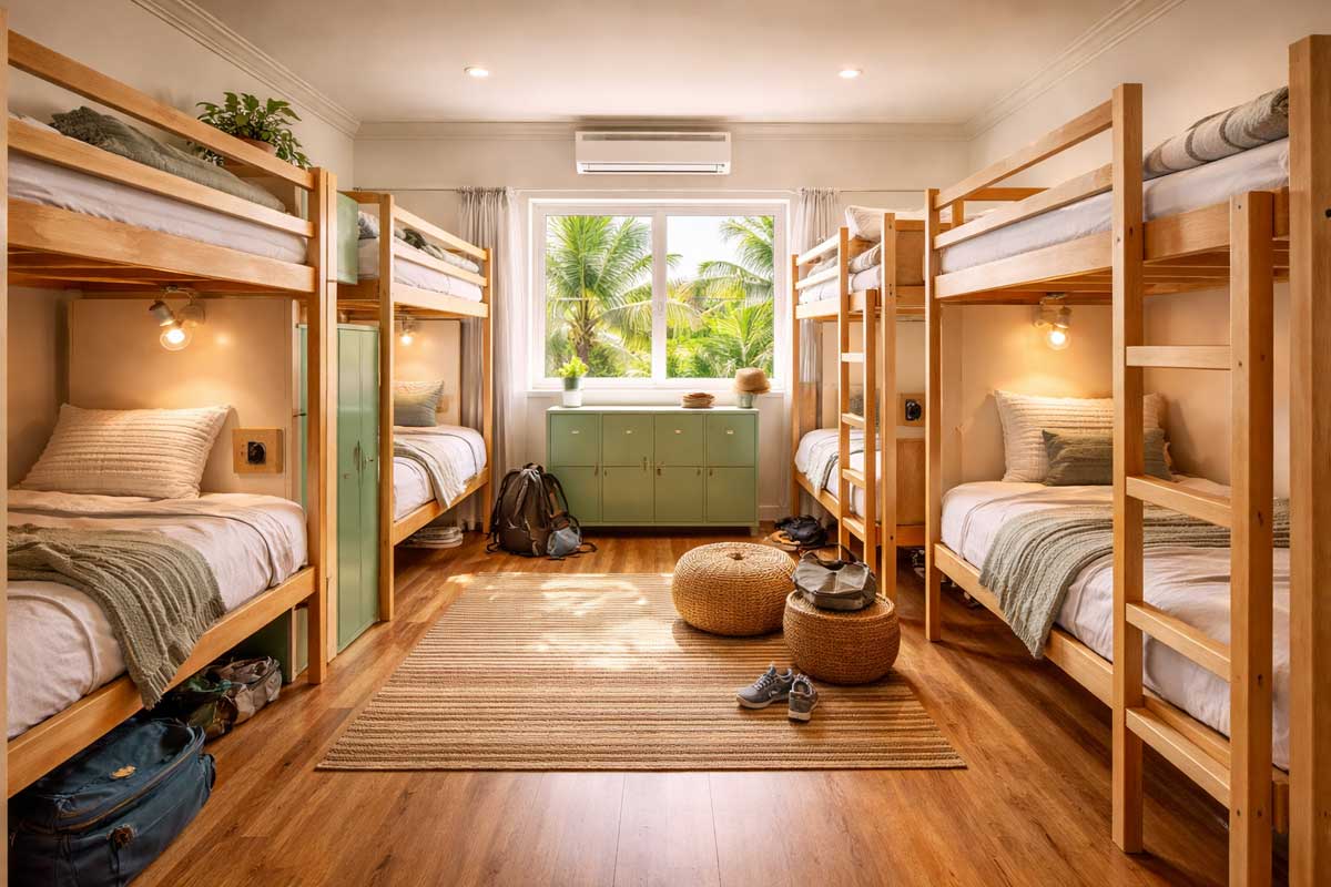 Camerata luminosa in ostello Australia con letti a castello, locker individuali e finestre ampie, ideale per backpackers