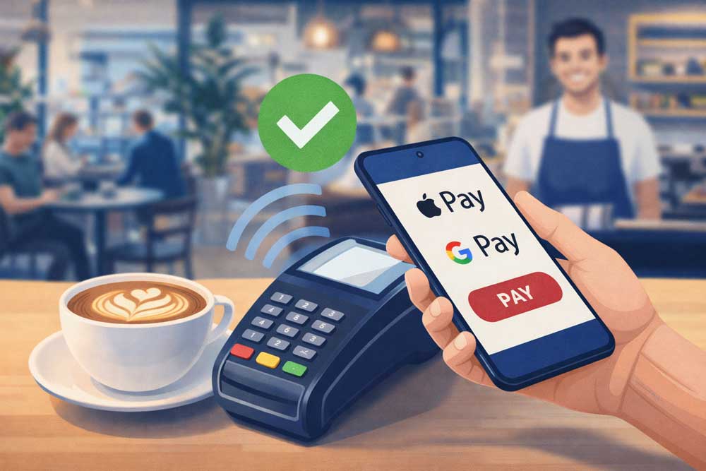 Mano con smartphone che effettua pagamento contactless su POS in café australiano con onde NFC e simbolo approvazione verde
