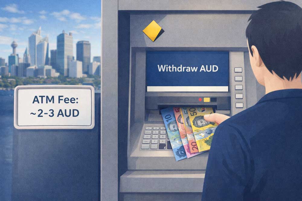 ATM australiano Big Four banks con persona che preleva banconote AUD colorate, pannello commissioni e skyline urbano sullo sfondo
