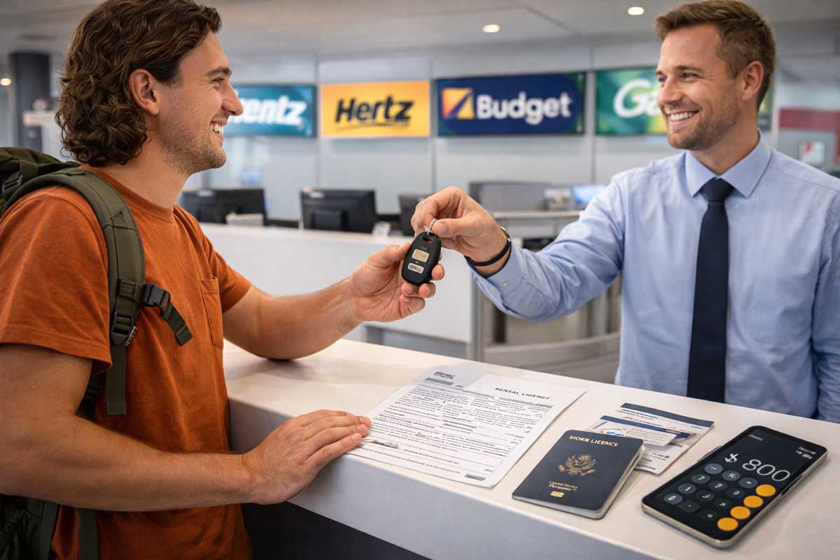 Noleggio auto Australia: checklist patente e assicurazione 1 Viaggiatore ritira auto a noleggio in aeroporto Australia controllando documenti, patente IDP e contratto prima di partire per road trip