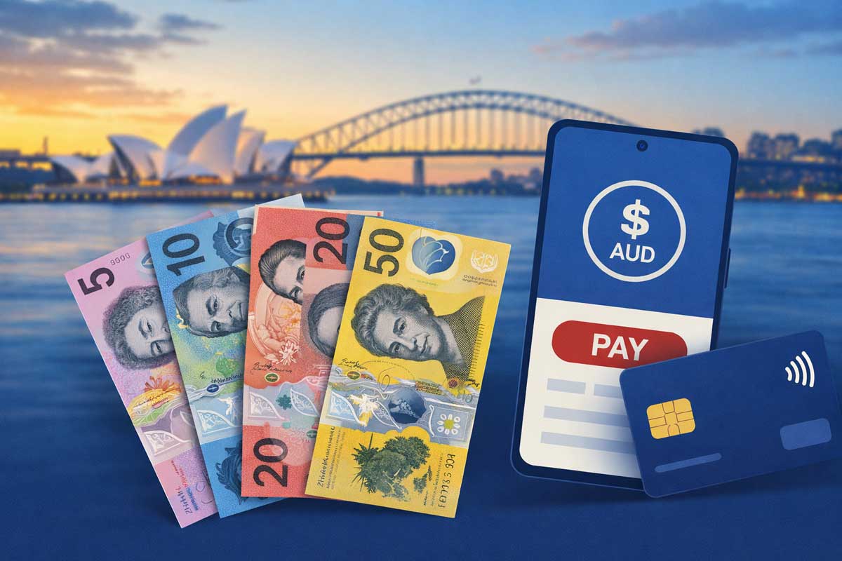Banconote australiane colorate, smartphone con app pagamento e carta contactless con Sydney Opera House sullo sfondo