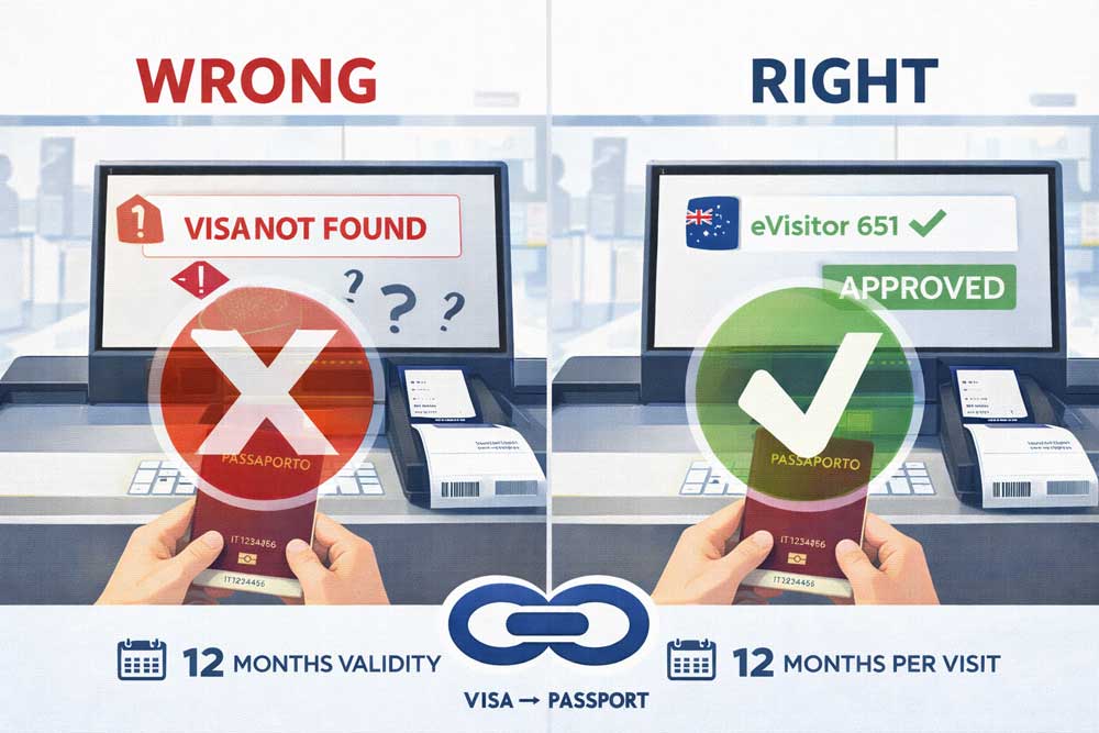 Confronto check-in aeroporto: errore visto non trovato con passaporto sbagliato vs approvazione con passaporto corretto collegato al visto Confronto check-in aeroporto: errore visto non trovato con passaporto sbagliato vs approvazione con passaporto corretto collegato al visto