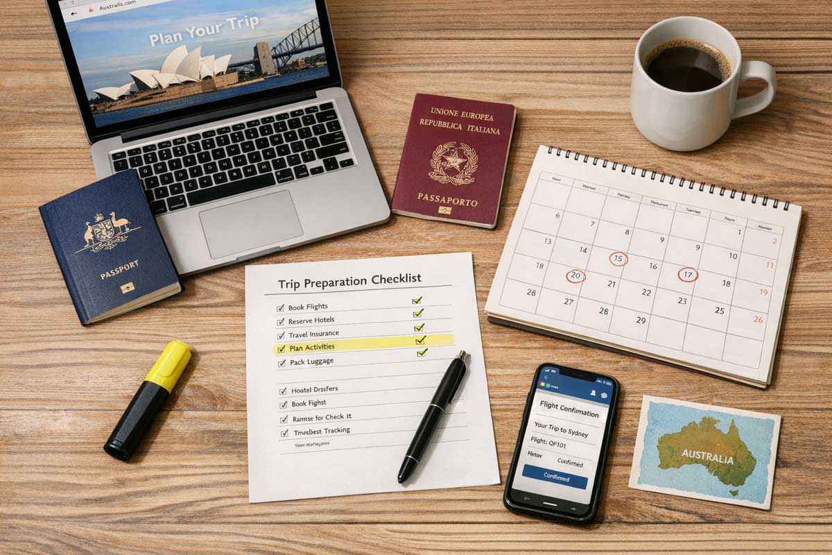 Checklist viaggio Australia: cosa prenotare e quando (2026) 1 Viaggiatore organizza documenti viaggio Australia su scrivania con passaporto, laptop, calendario e checklist stampata