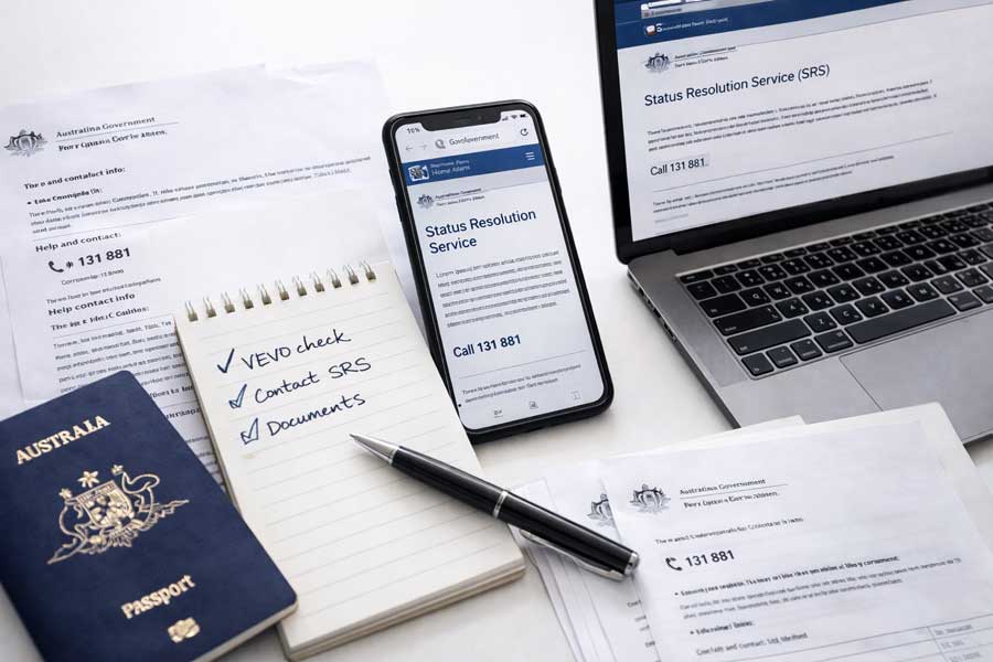 Checklist azioni immediate overstay Australia contattare Status Resolution Service Home Affairs documenti bridging visa preparazione telefono laptop
