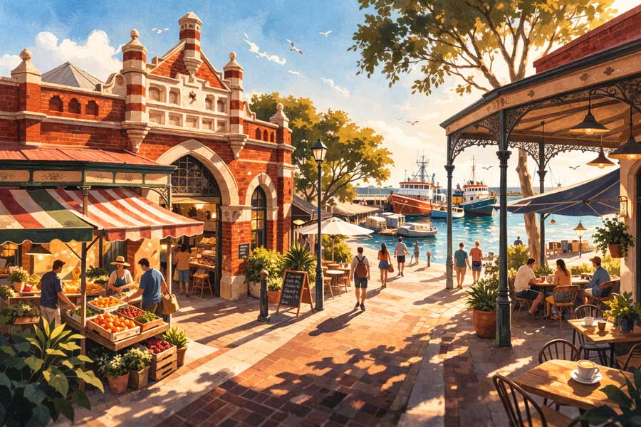 Illustrazione artistica di Fremantle con il Fremantle Markets, la Cappuccino Strip e il Fishing Boat Harbour Illustrazione artistica di Fremantle con il Fremantle Markets, la Cappuccino Strip e il Fishing Boat Harbour