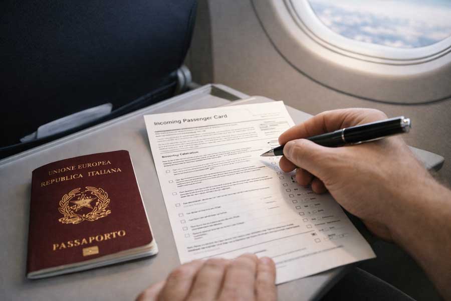 Viaggiatore compila Incoming Passenger Card Australia su aereo con passaporto e penna, sezione dichiarazioni biosecurity visibile Viaggiatore compila Incoming Passenger Card Australia su aereo con passaporto e penna, sezione dichiarazioni biosecurity visibile