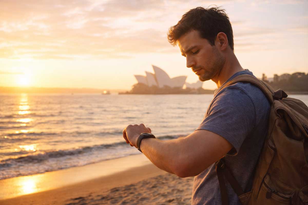 Jet lag Australia: fuso orario e piano 3 giorni (2026) 1 Viaggiatore al tramonto in Australia che guarda l'orologio - differenza fuso orario Italia Australia