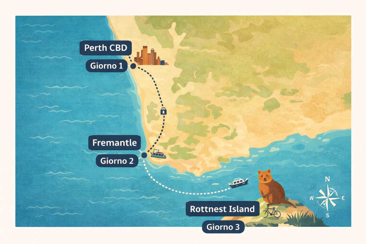 Perth in 3 giorni: itinerario pratico + Rottnest (2026) 1 Mappa illustrata dell'itinerario Perth 3 giorni: percorso tra il CBD, Fremantle e Rottnest Island