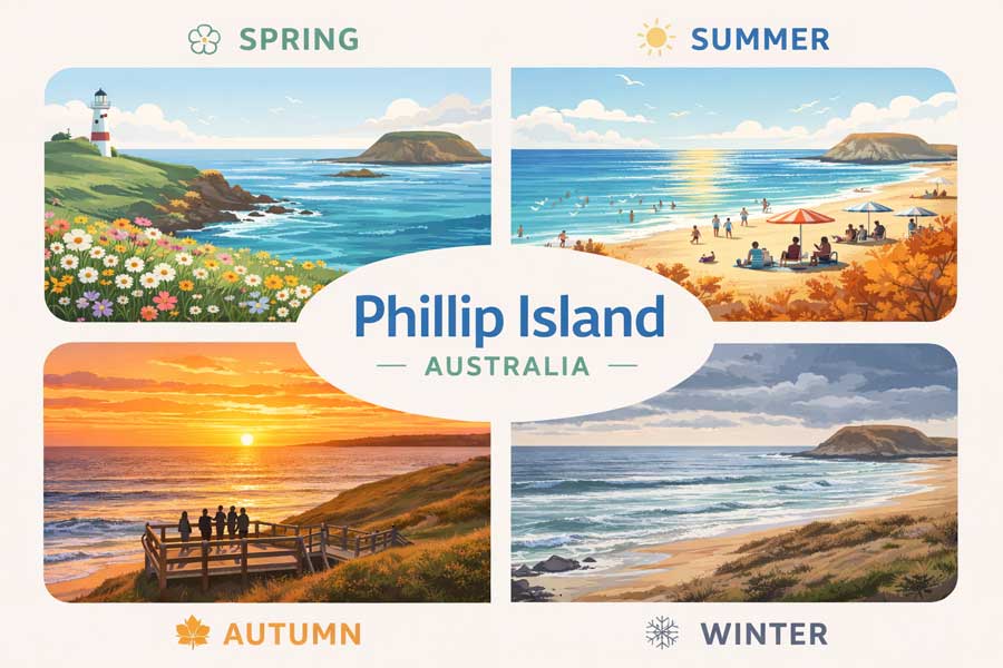 Infografica stagioni Phillip Island primavera estate autunno inverno clima e periodi migliori visita