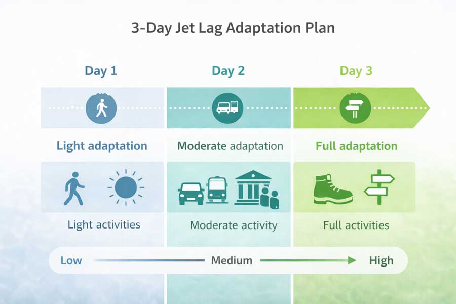 Timeline primi tre giorni Australia: adattamento progressivo jet lag attività leggere Timeline primi tre giorni Australia: adattamento progressivo jet lag attività leggere