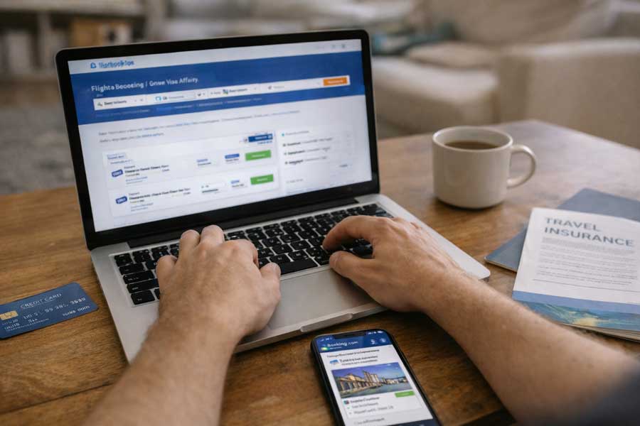 Persona prenota voli e hotel Australia su laptop con carte di credito e conferme prenotazione su schermo Persona prenota voli e hotel Australia su laptop con carte di credito e conferme prenotazione su schermo