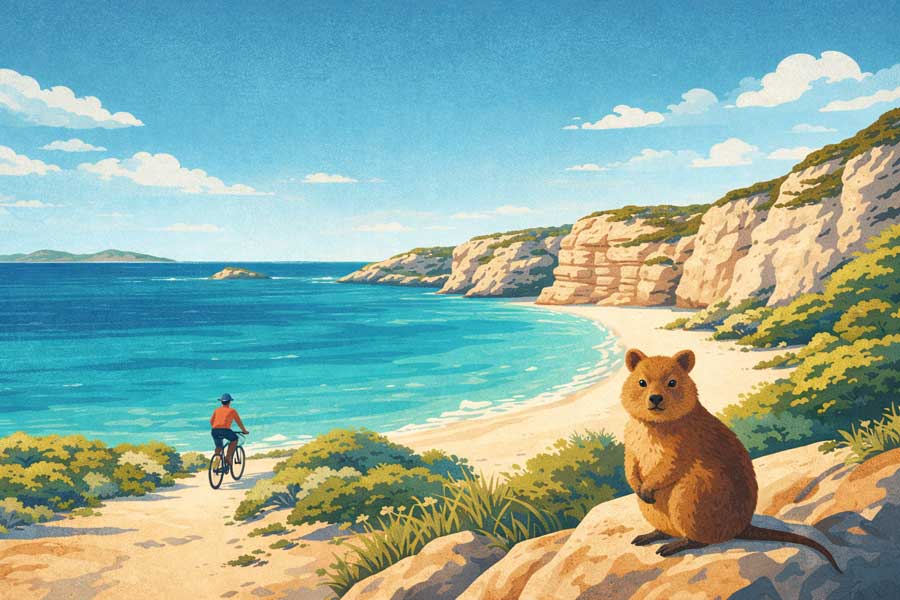 Ciclista su un sentiero costiero di Rottnest Island con acqua turchese e un quokka in primo piano Ciclista su un sentiero costiero di Rottnest Island con acqua turchese e un quokka in primo piano
