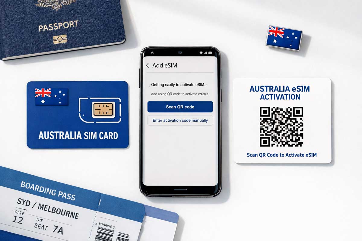 SIM ed eSIM in Australia: guida pratica 1 Confronto SIM fisica e eSIM Australia con smartphone QR code attivazione passaporto documenti viaggio scelta prepagato