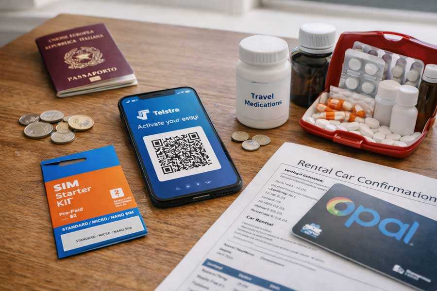 Smartphone con QR code eSIM Australia e SIM card fisica Telstra su tavolo con kit primo soccorso e documenti viaggio Smartphone con QR code eSIM Australia e SIM card fisica Telstra su tavolo con kit primo soccorso e documenti viaggio