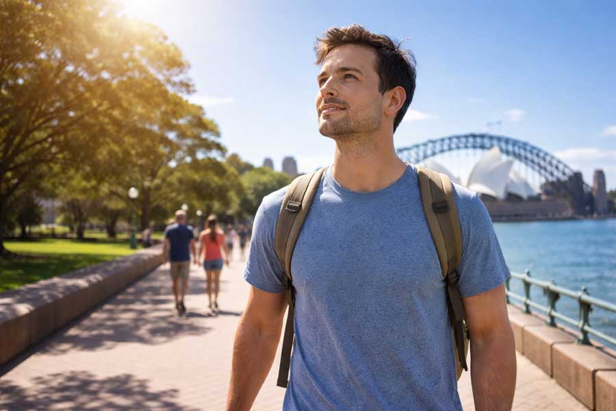 Viaggiatore cammina all'aperto sotto sole australiano primo giorno arrivo jet lag Viaggiatore cammina all'aperto sotto sole australiano primo giorno arrivo jet lag