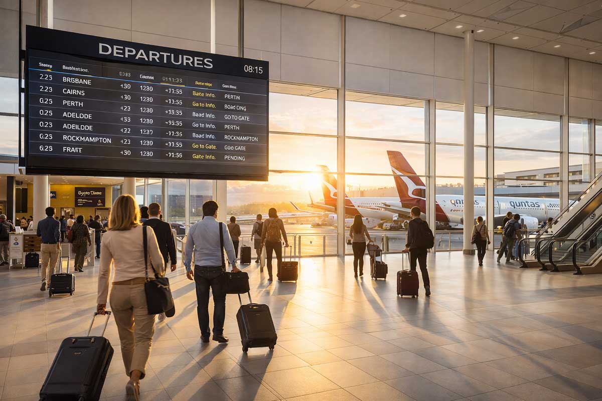Terminal domestico aeroporto australiano con tabellone partenze voli interni Brisbane Cairns Perth e passeggeri con bagaglio a mano
