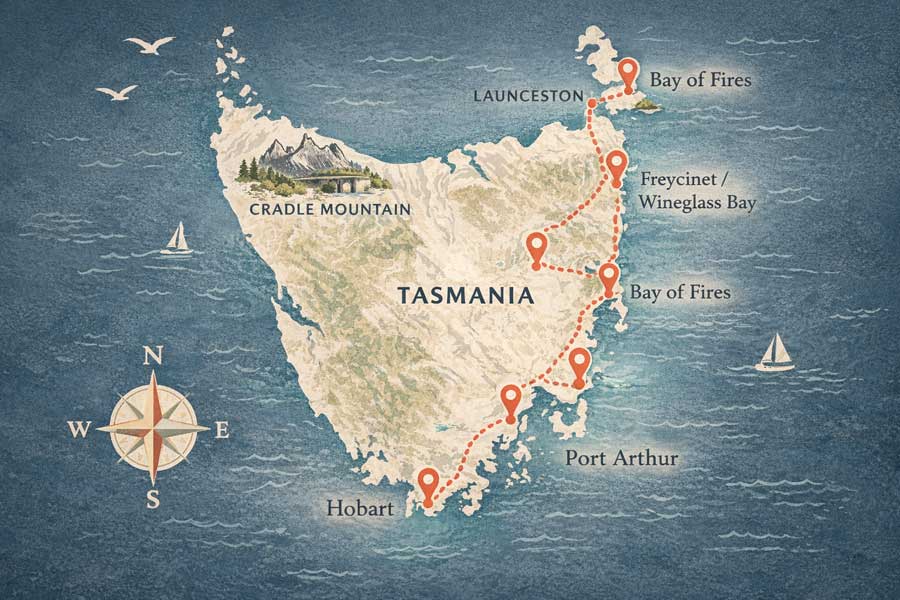 Mappa artistica illustrata della Tasmania con le tappe principali dell'itinerario: Hobart, Port Arthur, Freycinet, Bay of Fires, Launceston e Cradle Mountain