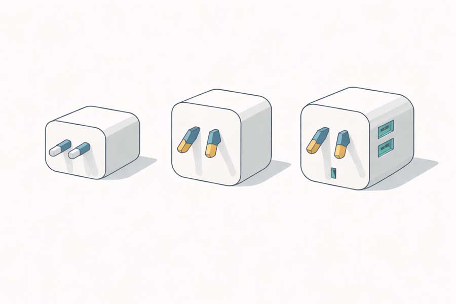 Illustrazione di tre tipi di adattatori per prese australiane: a 2 poli, a 3 poli con terra e con porte USB integrate Illustrazione di tre tipi di adattatori per prese australiane: a 2 poli, a 3 poli con terra e con porte USB integrate