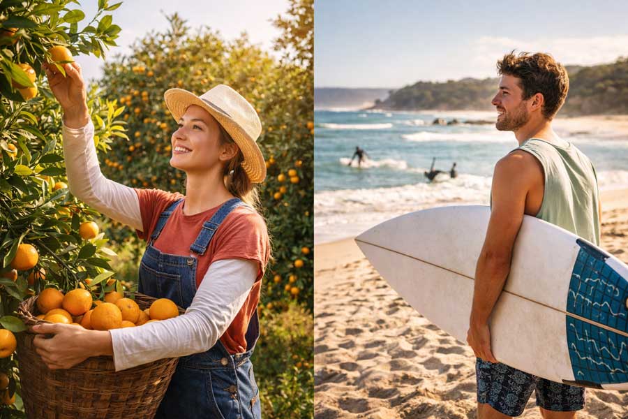 Ragazza che raccoglie frutta e ragazzo con tavola da surf in Australia, attività tipiche del Working Holiday Visa