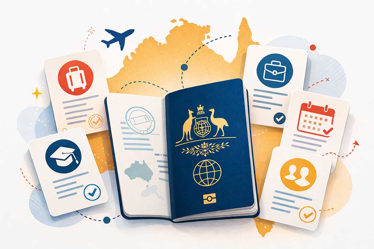 Illustrazione panoramica dei principali visti per l'Australia: documenti di viaggio, passaporto e icone che rappresentano turismo, studio, lavoro e famiglia