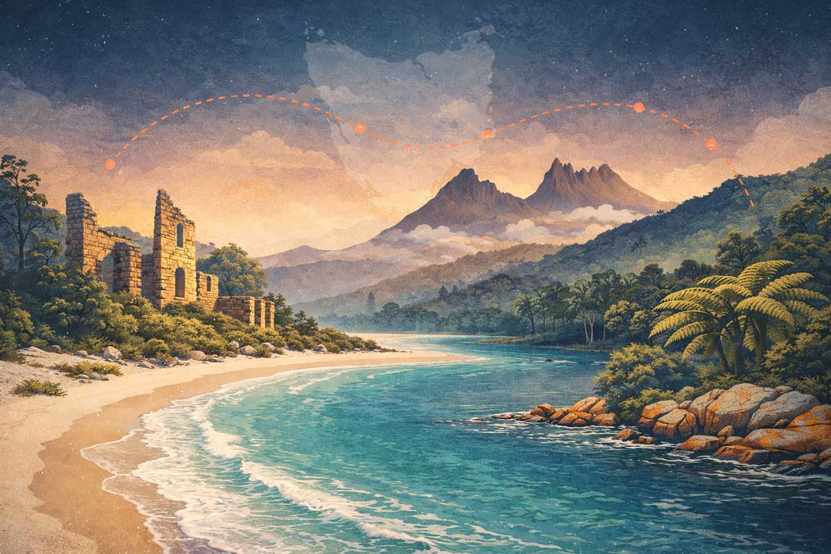 Illustrazione panoramica della Tasmania con paesaggio costiero, montagne e natura selvaggia che evoca un viaggio di una settimana tra Hobart, Freycinet e Cradle Mountain