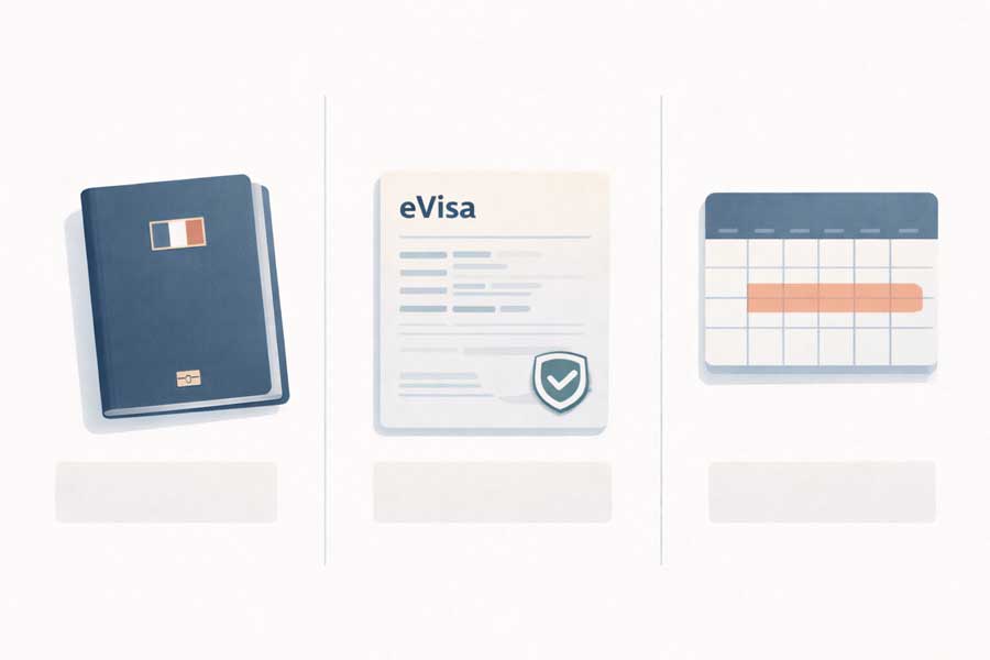 Illustrazione con tre elementi separati e ben distinti: un passaporto, un documento visto elettronico e un calendario con periodo di soggiorno evidenziato Illustrazione con tre elementi separati e ben distinti: un passaporto, un documento visto elettronico e un calendario con periodo di soggiorno evidenziato