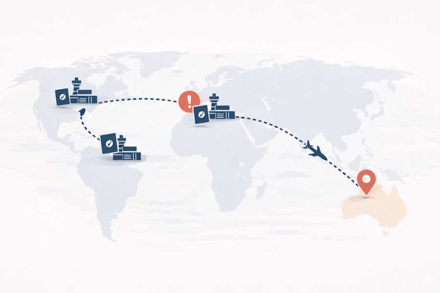 Illustrazione stilizzata di un itinerario aereo con più scali internazionali, icone di controllo documenti e passaporto lungo il percorso verso l'Australia Illustrazione stilizzata di un itinerario aereo con più scali internazionali, icone di controllo documenti e passaporto lungo il percorso verso l'Australia
