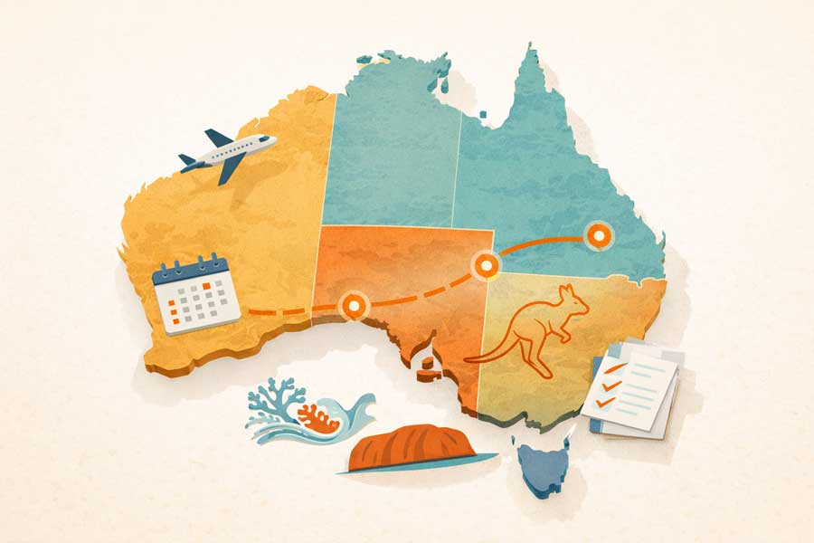 Illustrazione per vacanze in Australia: mappa del continente con elementi di viaggio, fauna e paesaggi iconici Illustrazione per vacanze in Australia: mappa del continente con elementi di viaggio, fauna e paesaggi iconici