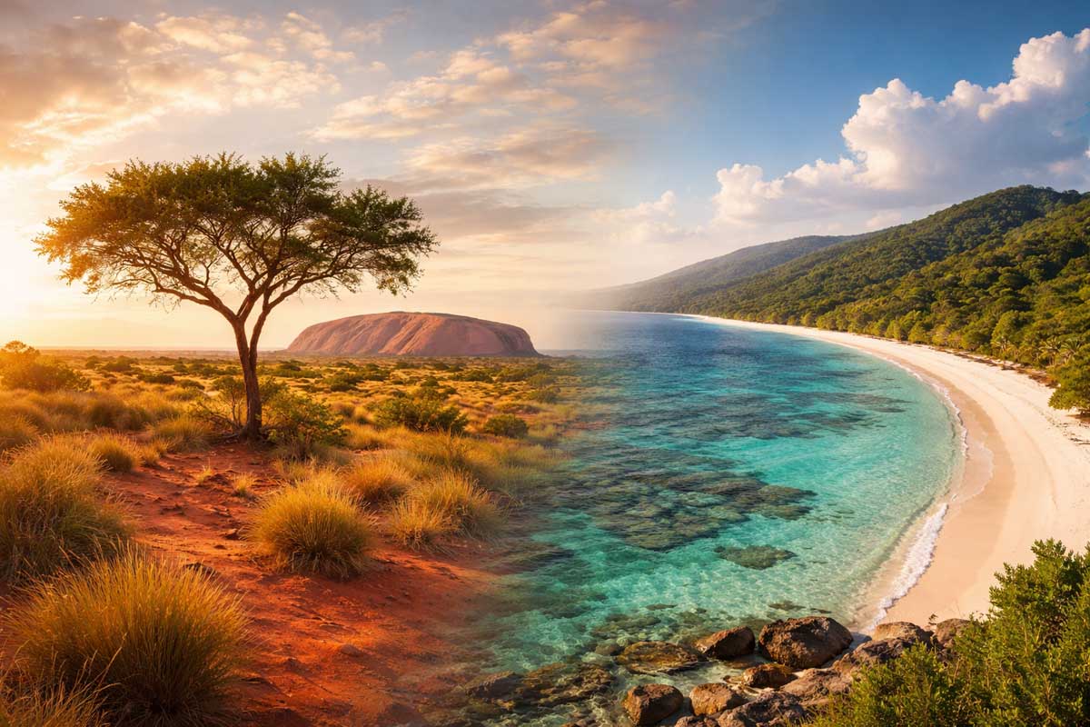 Vacanze in Australia: guida per organizzare il viaggio 1 Fotografia artistica per vacanze in Australia: paesaggio australiano con luce dorata al tramonto tra outback e oceano