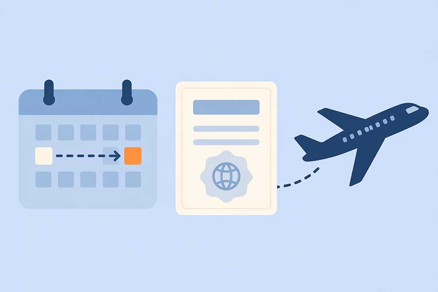  Illustrazione con calendario, aereo in partenza e documento visto per pianificare la richiesta con anticipo