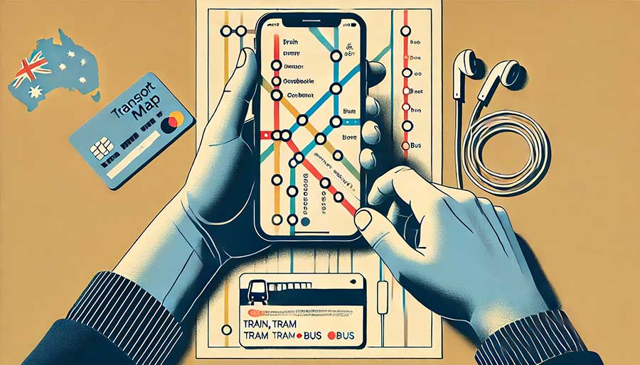 Mano con smartphone che pianifica un percorso sui trasporti pubblici australiani con mappa della rete sullo schermo