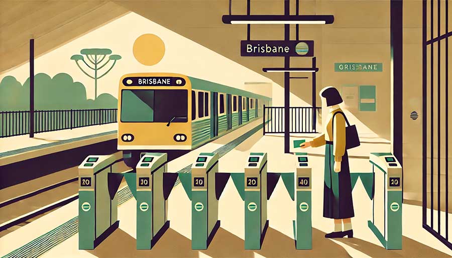 Stazione ferroviaria di Brisbane con passeggero al tornello tap-on della rete Translink