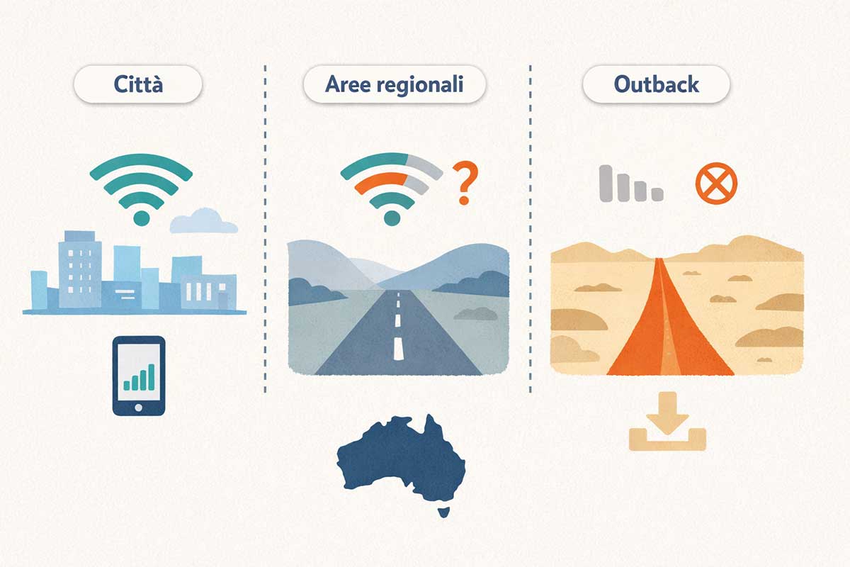 Internet in Australia: Wi-Fi, copertura e connessione 1 Illustrazione della connessione internet in Australia tra Wi-Fi, copertura mobile, città, aree regionali e outback