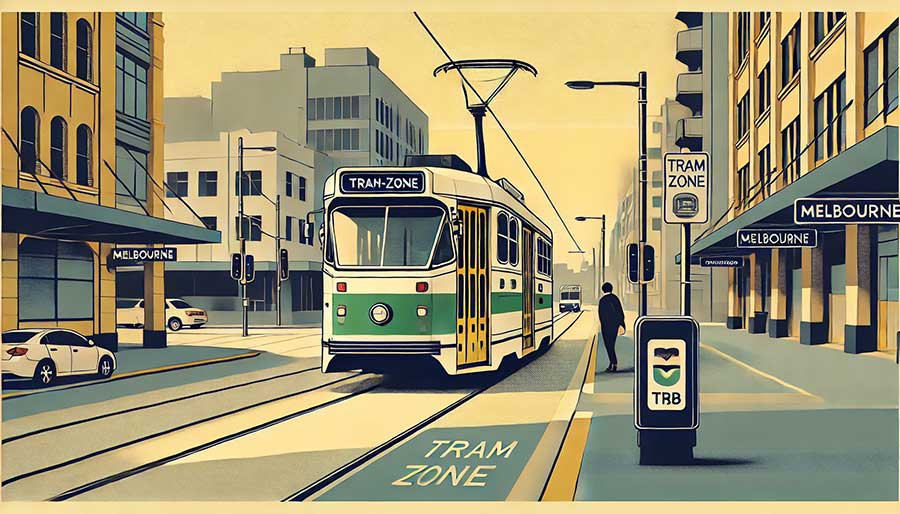 Tram di Melbourne nella Free Tram Zone con passeggeri a bordo e lettore myki visibile