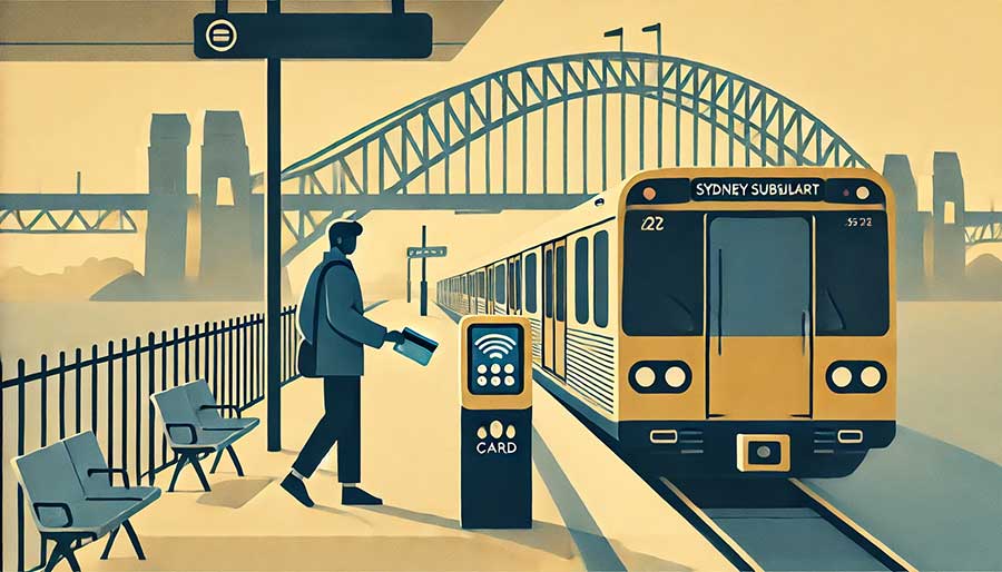Passeggero che valida la Opal Card al lettore tap-on sulla rete di trasporto pubblico di Sydney