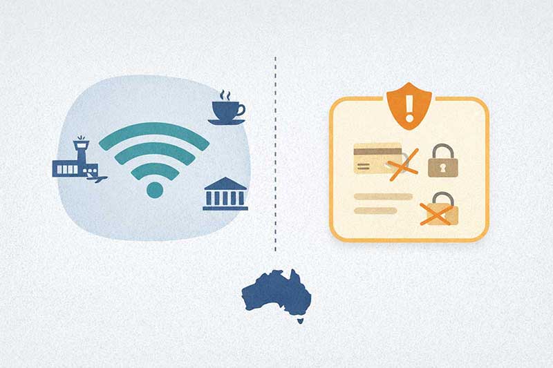 Illustrazione flat con simbolo Wi-Fi, aeroporto e caffè australiani e icona di avviso sulla sicurezza delle reti pubbliche