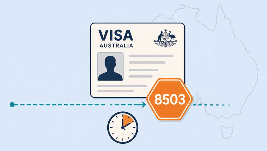 Illustrazione semi-flat che rappresenta la condition 8503 No Further Stay come un blocco arancione su un documento di visto australiano, con un segnale di stop e un percorso interrotto
