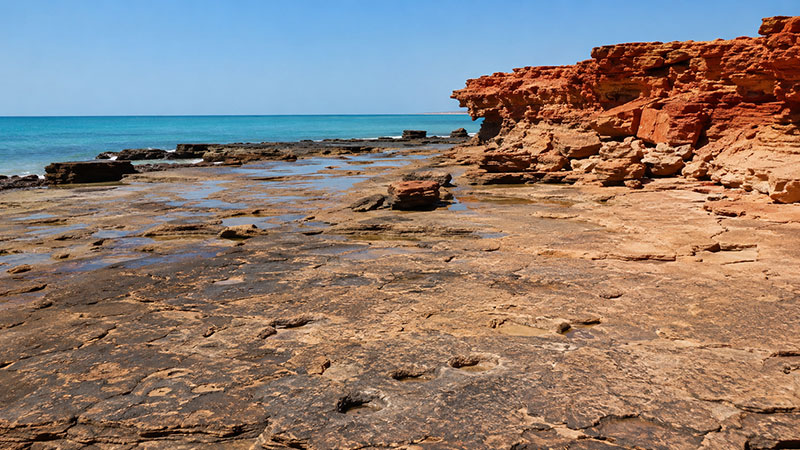Rocce di Gantheaume Point a Broome con impronte di dinosauro visibili durante la bassa marea