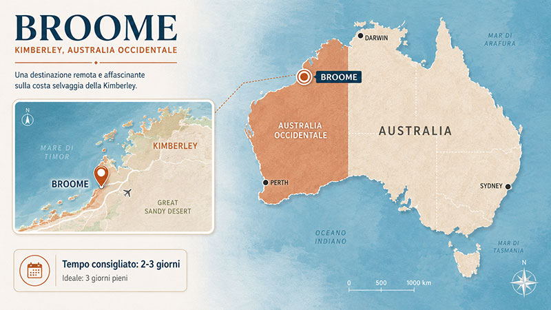 Mappa dell’Australia con la posizione di Broome nel Western Australia e dettaglio della costa del Kimberley