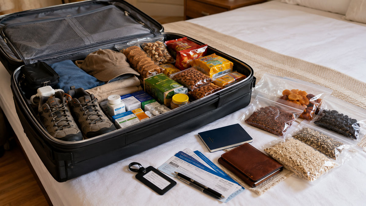 Valigia aperta preparata per l’Australia con cibo confezionato, farmaci, scarpe pulite e documenti di viaggio