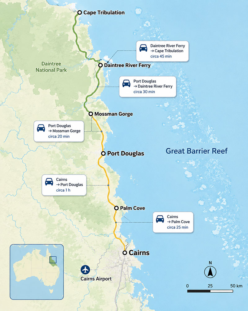 Mappa con Cairns, Port Douglas, Palm Cove, Mossman Gorge e Cape Tribulation nel Tropical North Queensland