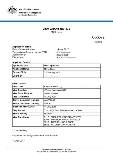 Visti Australia 2026: guida ai principali tipi di visto 3 Esempio indicativo di grant notice del visto eVisitor Australia